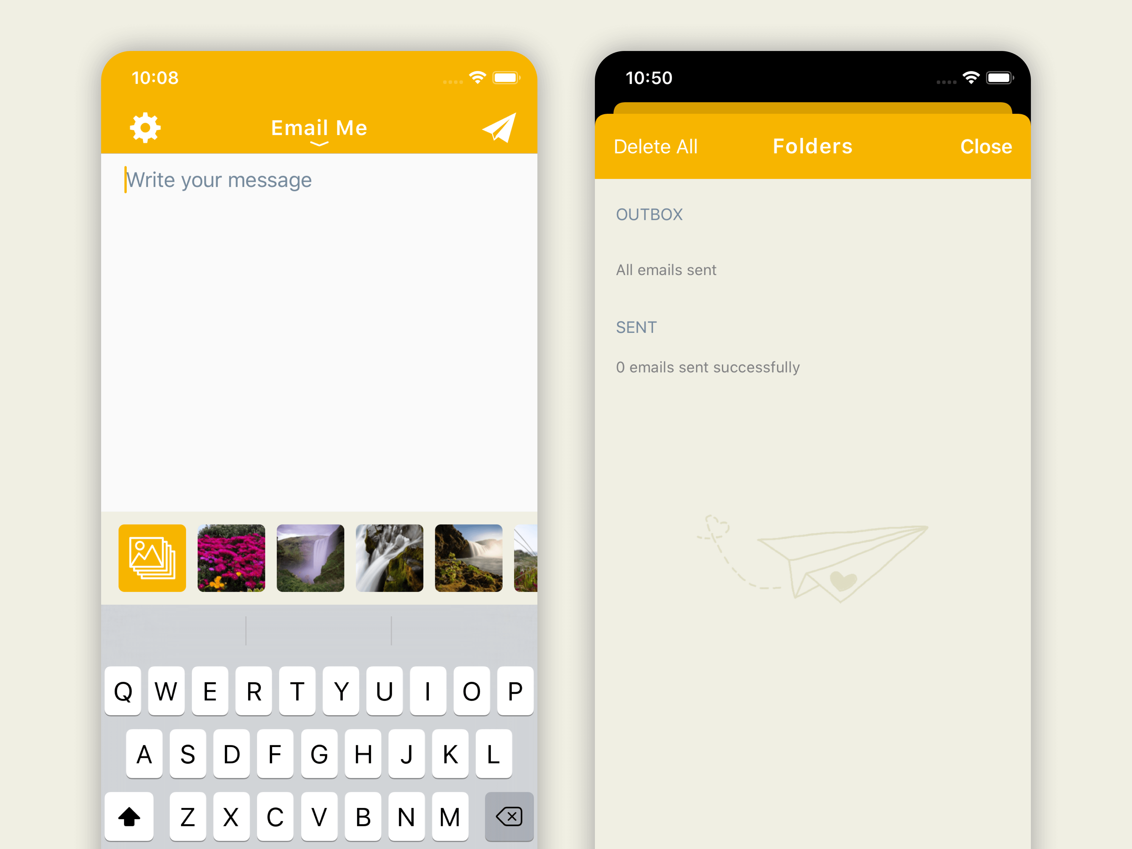 Email Me App Folders feature showing organized sections for Outbox Starred and Sent notes with swipe actions