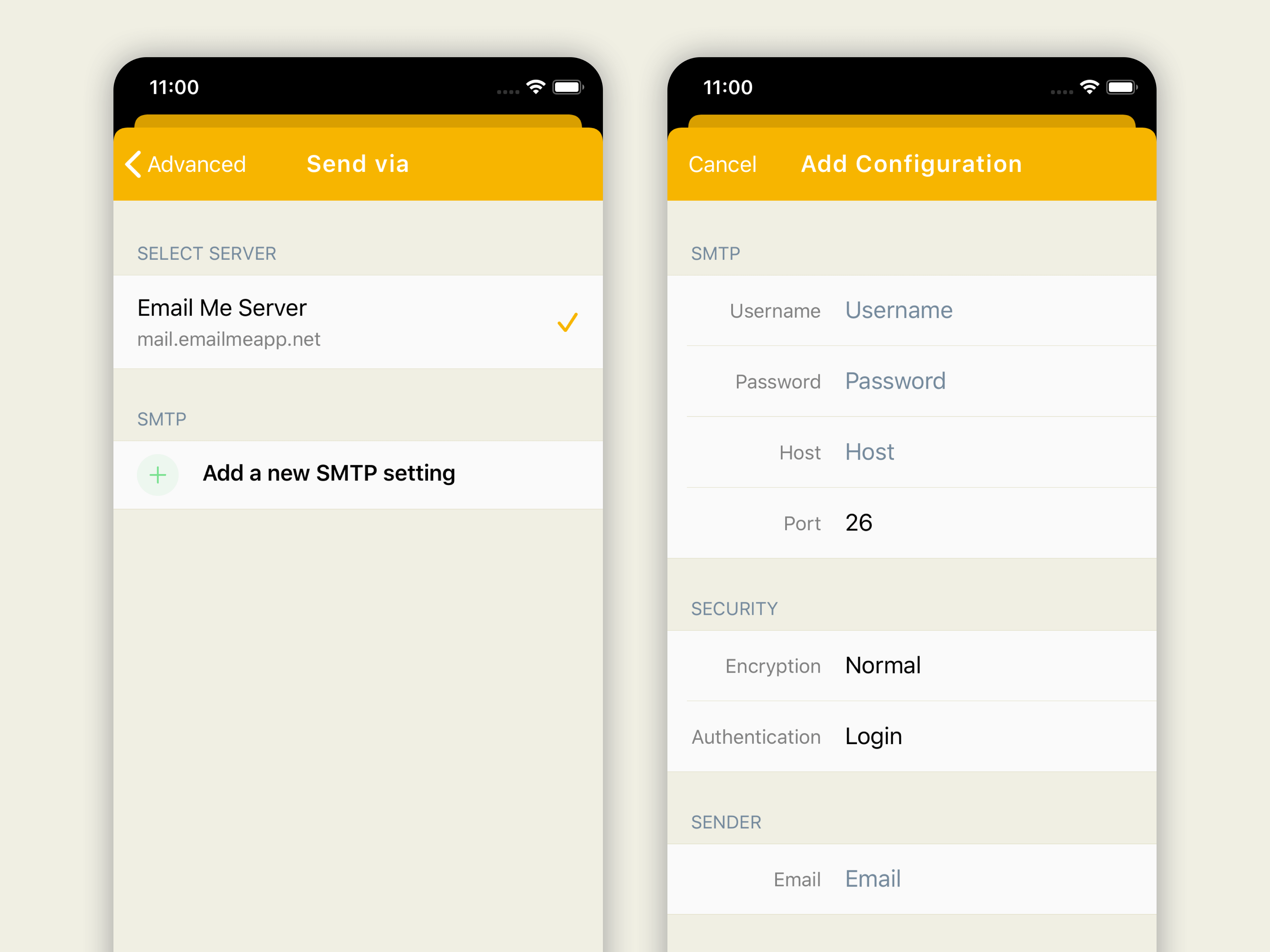 Email Me App SMTP configuration screen allowing users to add custom email servers for sending notes