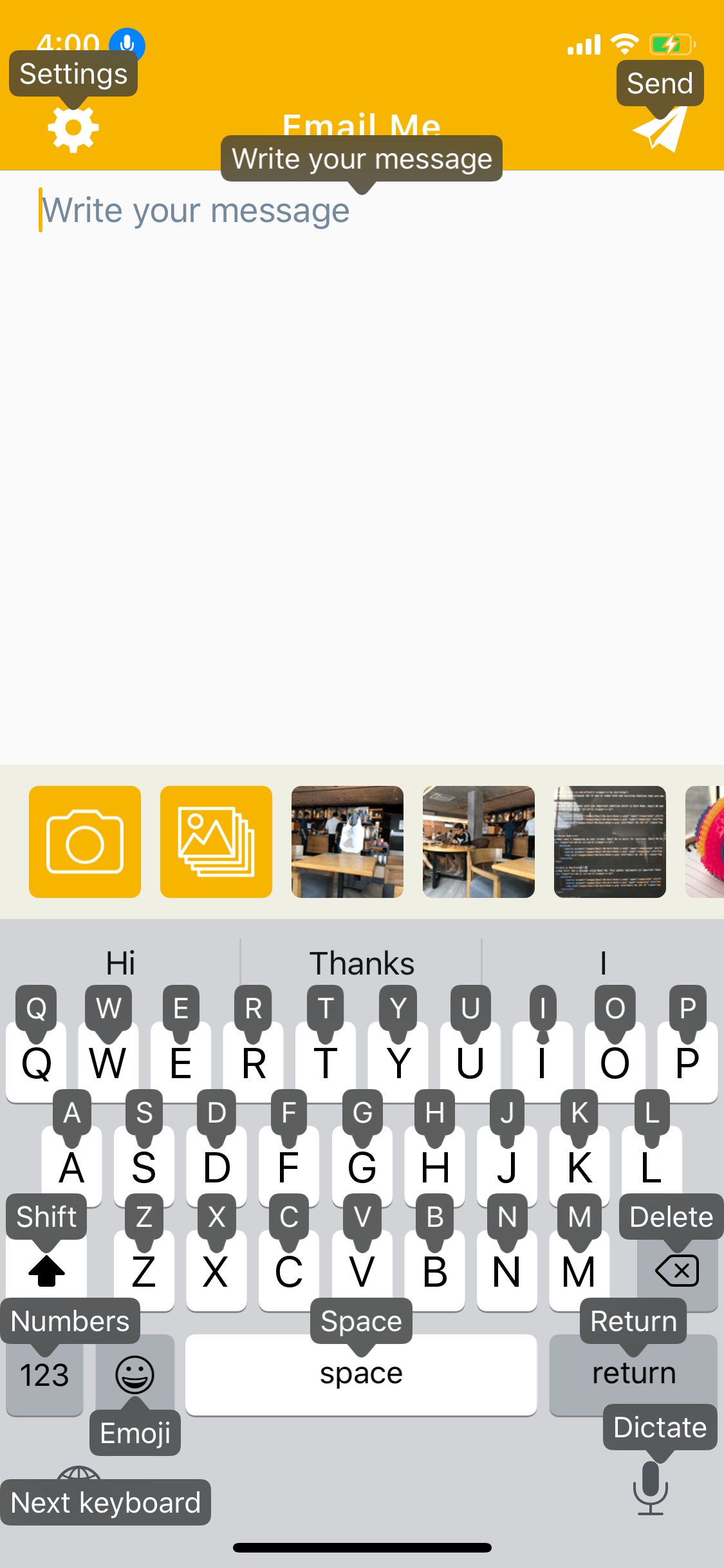 Email Me App VoiceOver accessibility features on iOS 13 enabling visually impaired users to navigate and send notes