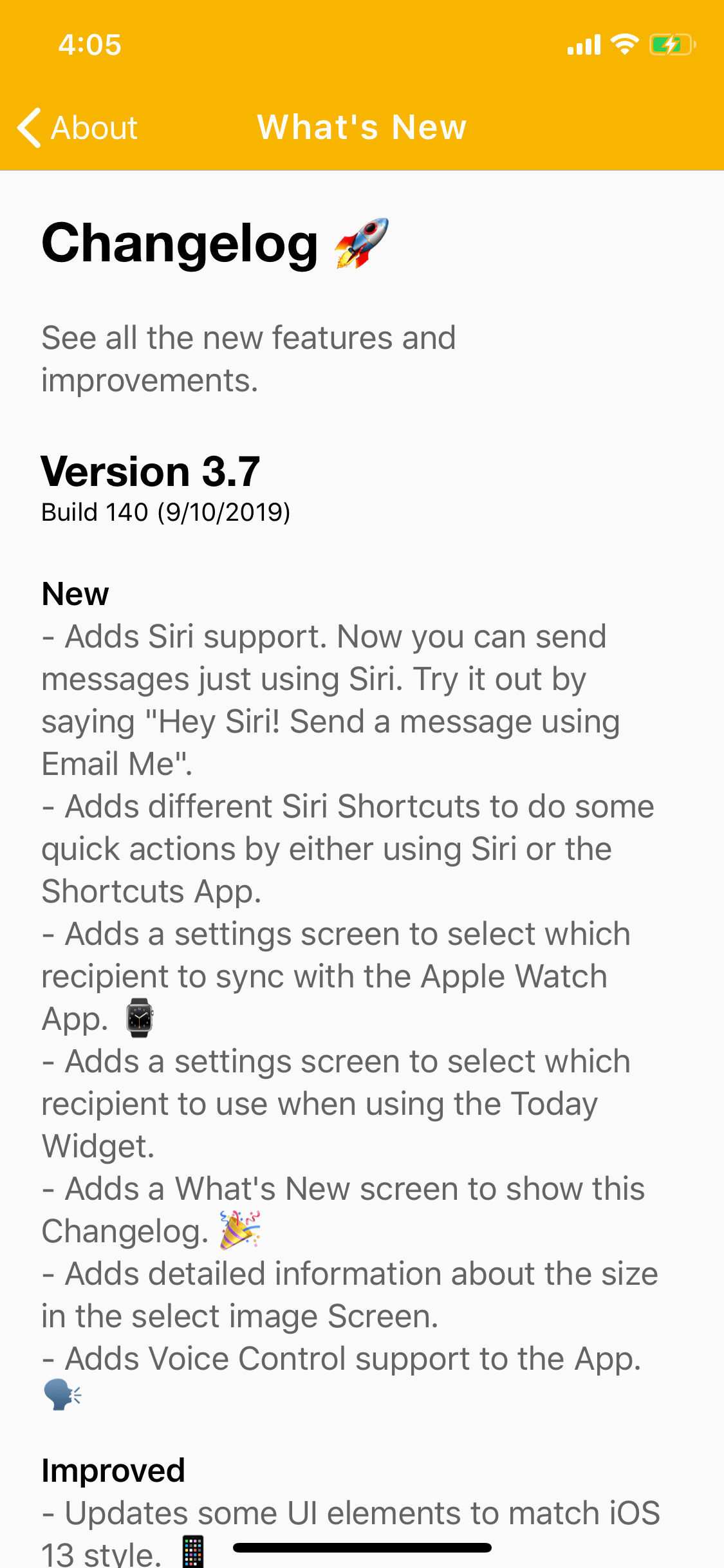 Email Me App What's New changelog screen on iOS 13 displaying version updates and feature additions