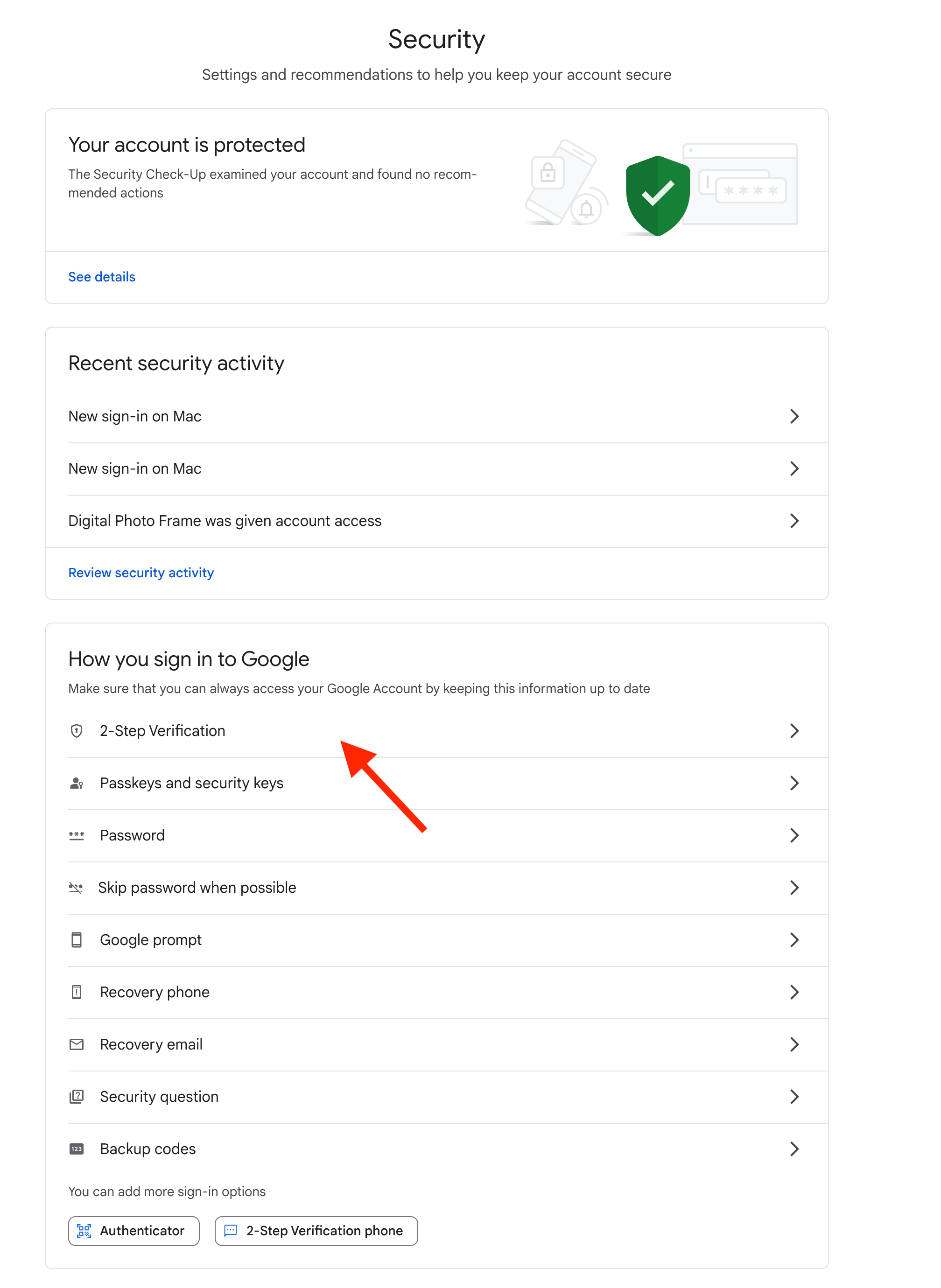 Google Account security settings page showing where to access 2-Step Verification and App Password options for Email Me integration