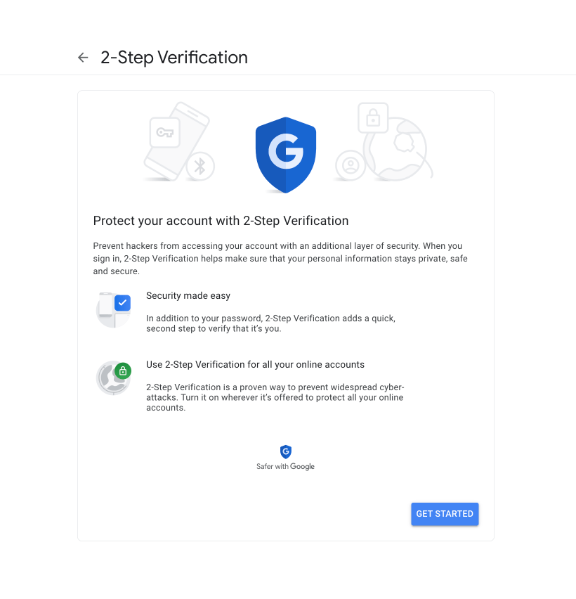 Google 2-Step Verification setup screen required for creating App Passwords to securely connect Email Me with Gmail