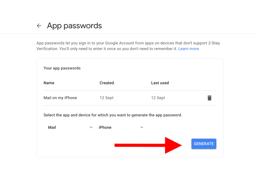 Gmail App Password selection menu choosing Mail app type for Email Me integration