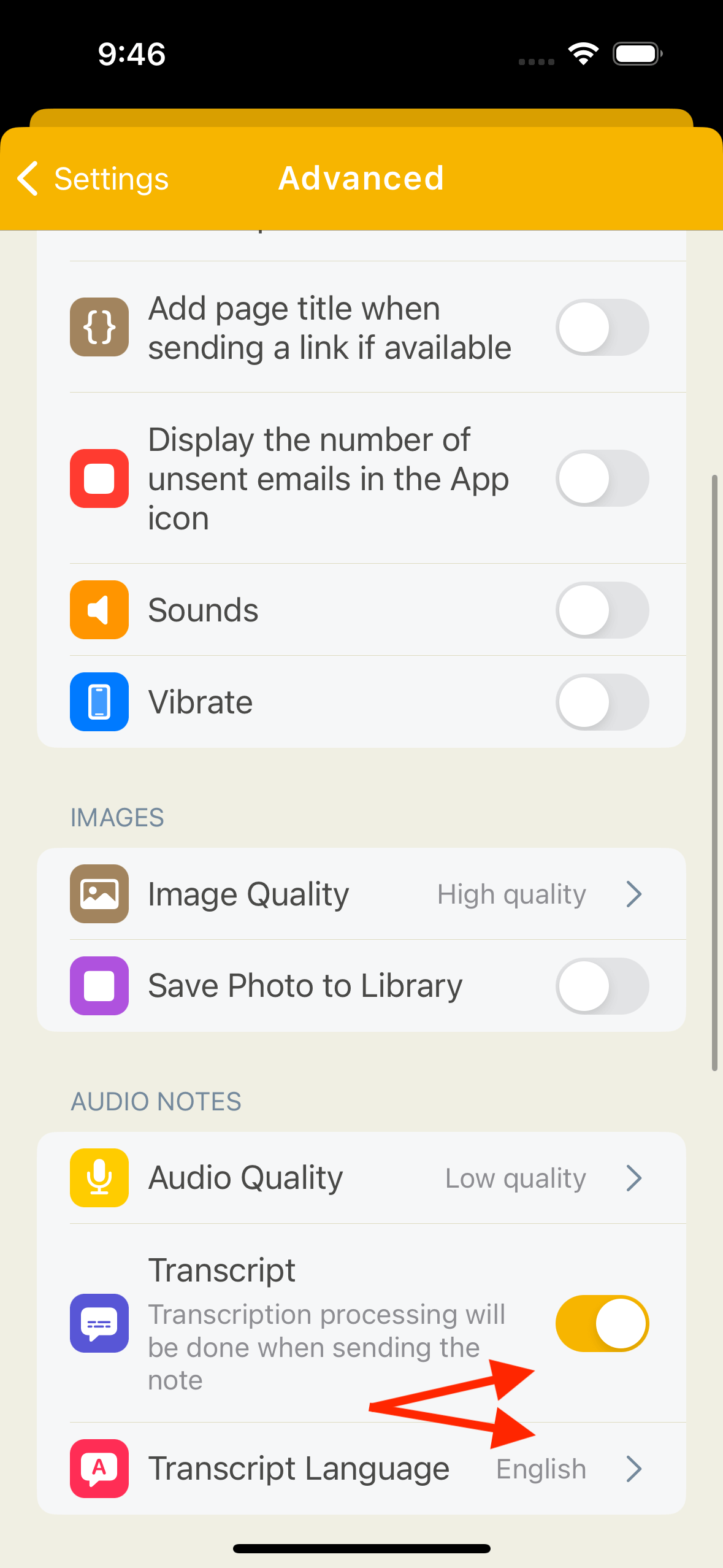 Email Me App Advanced Settings menu showing voice transcription options and language selection for audio note processing