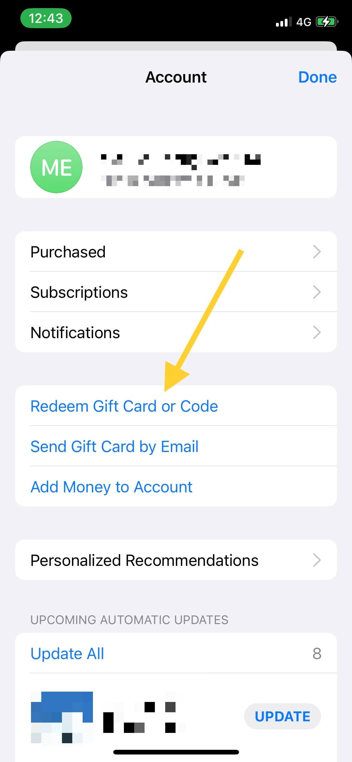 App Store account page displaying Redeem Gift Card or Code option in the menu for entering iOS promo codes