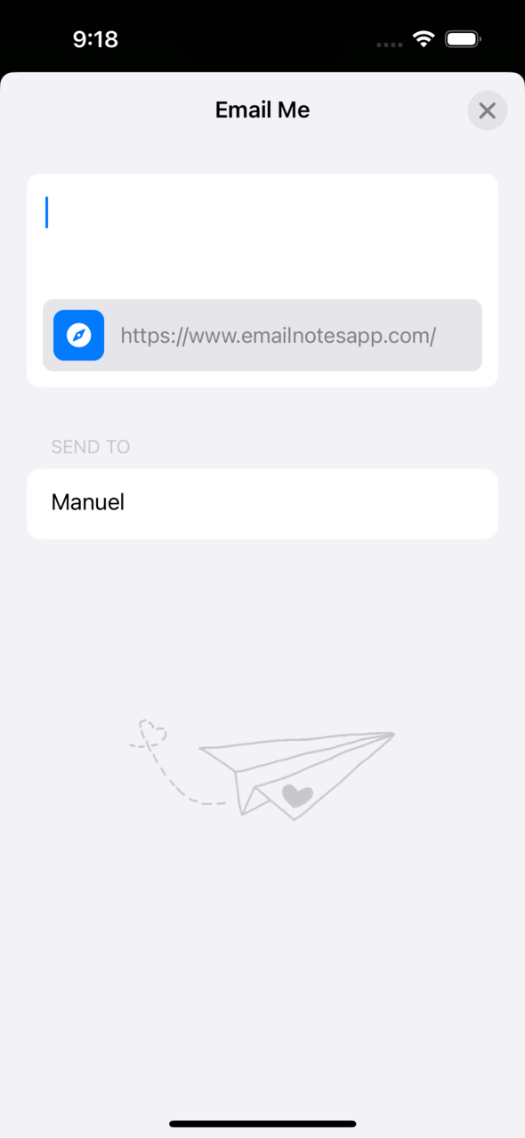 Email Me App erfolgreich in iOS Share Sheet Favoriten-Bereich integriert, bereit für Ein-Tipp-Teilen von Notizen, Fotos und Links