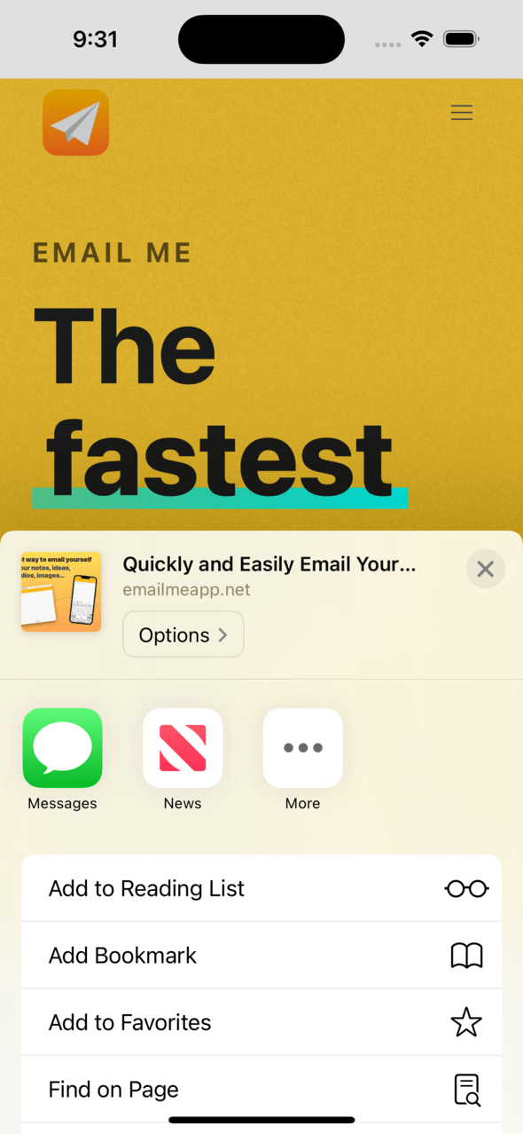 Email Me App Symbol sichtbar in der iOS Share Sheet App-Liste mit hervorgehobenem Mehr-Button für den Zugriff auf zusätzliche Freigabeoptionen