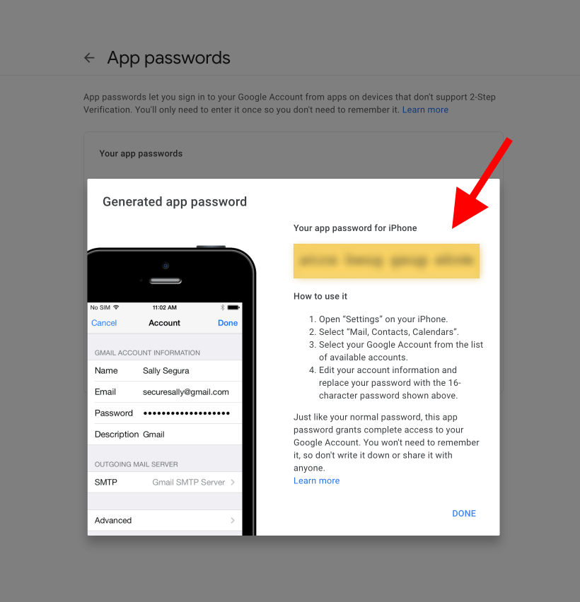 Generiertes Gmail App-Passwort Anzeigebildschirm mit Kopieren-Button zum Hinzufügen zu Email Me App Einstellungen