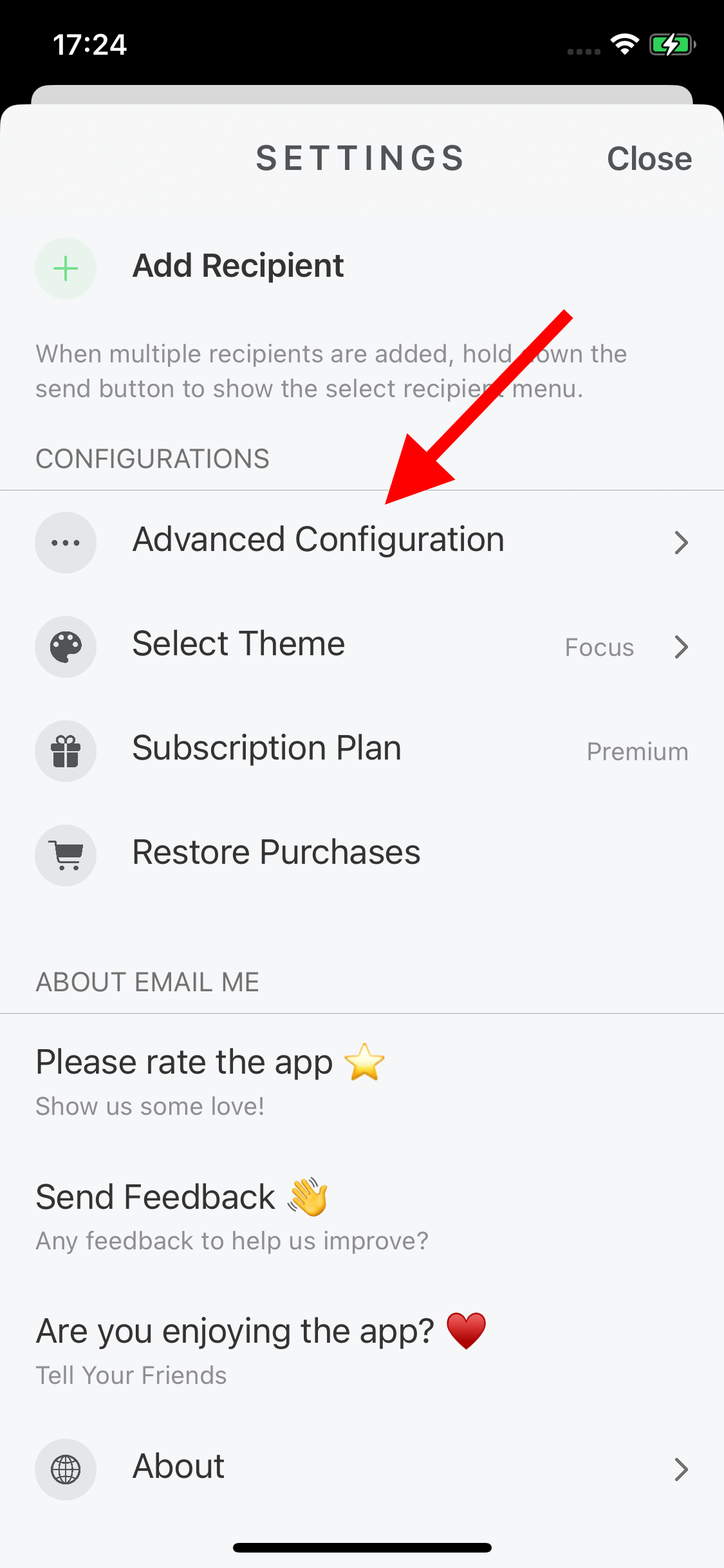 Email Me App Erweiterte Konfiguration Bildschirm hebt Gmail SMTP-Einstellungen Option hervor