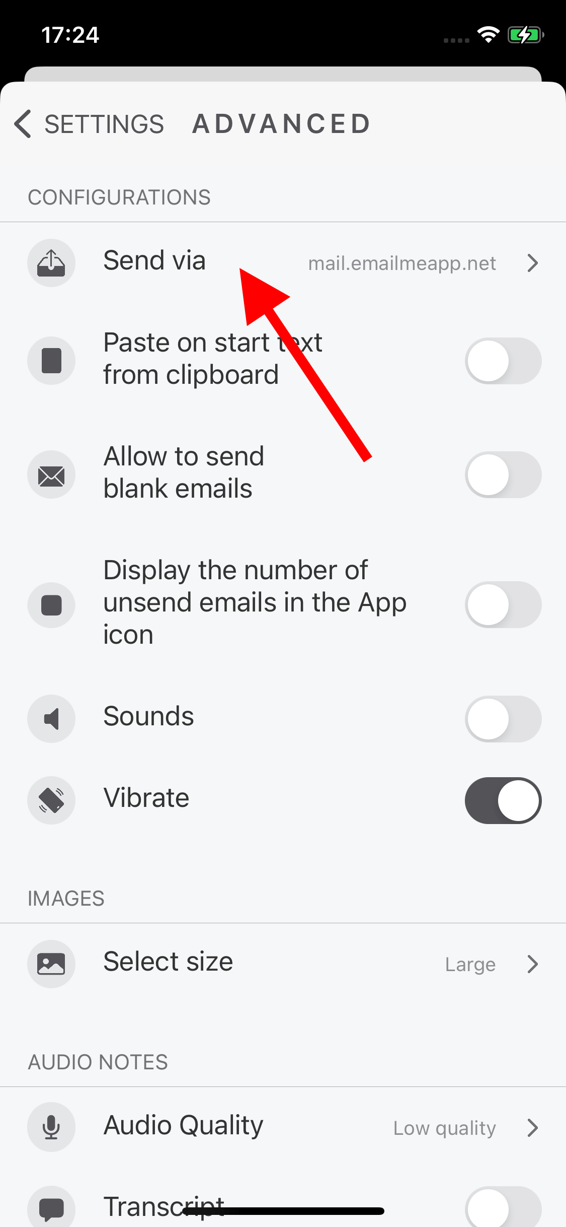 Email Me App Senden via Bildschirm zur Auswahl der Gmail SMTP-Einstellungen