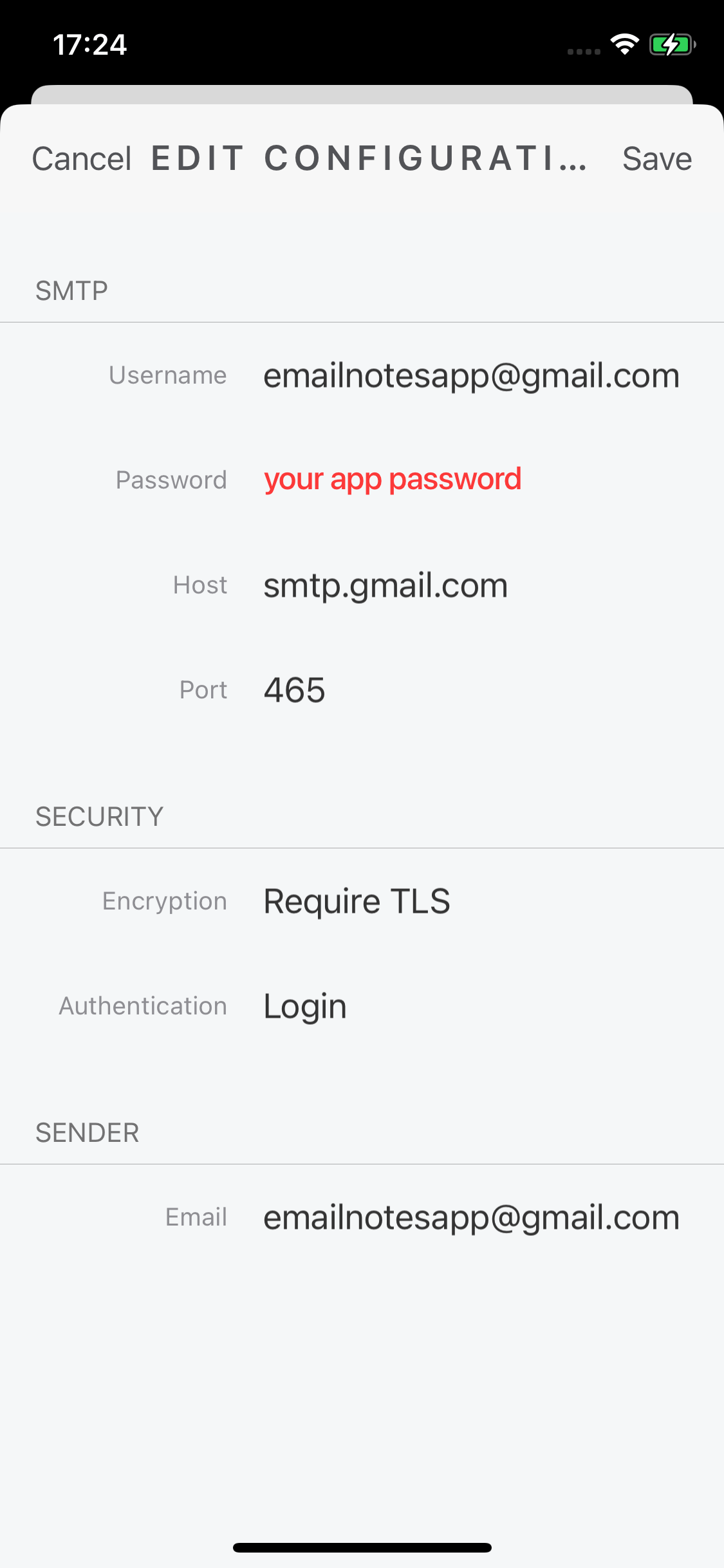 Gmail SMTP-Einstellungen und App-Passwort in Email Me App eingeben