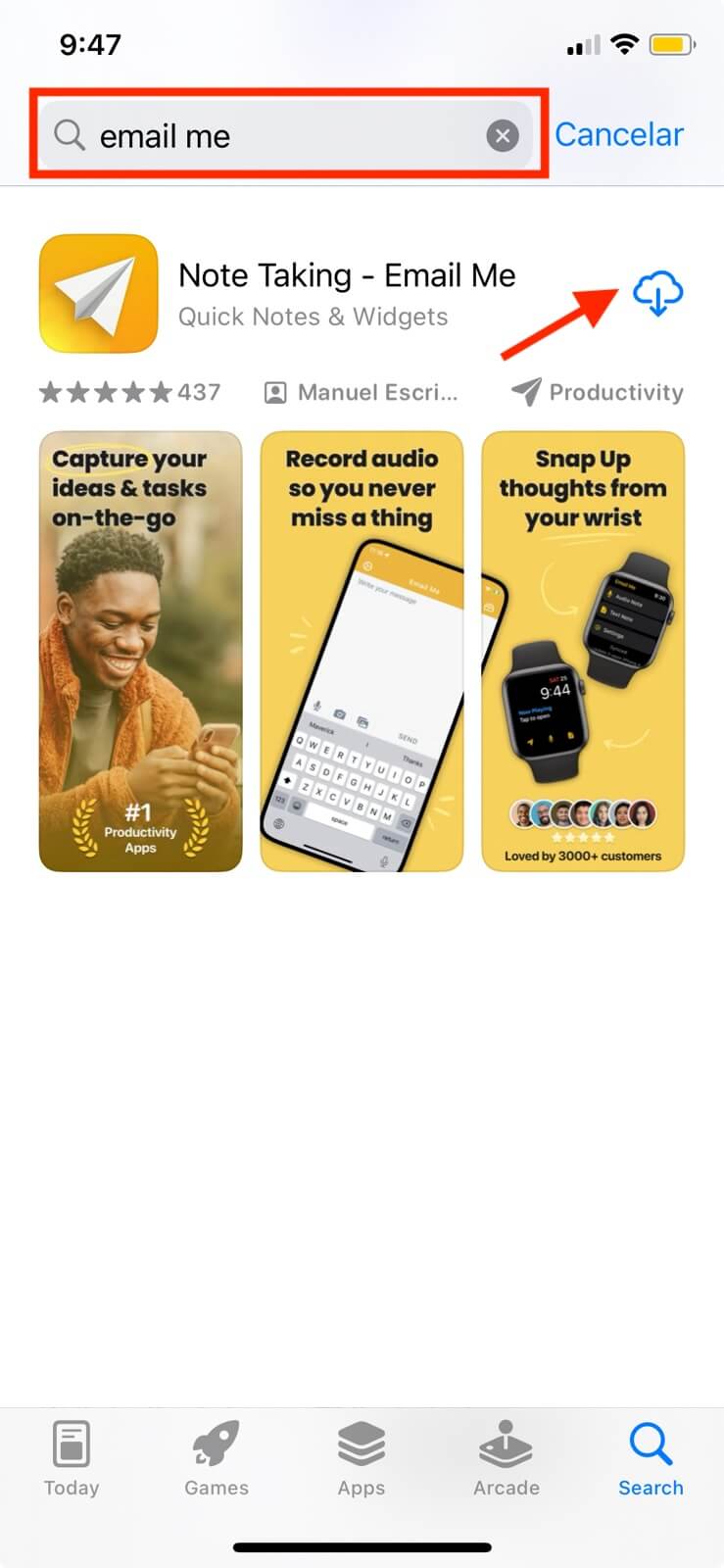 App Store Download-Seite für Email Me zeigt den Installieren-Button und App-Bewertungen für Sprachnotiz-Aufnahme auf dem iPhone